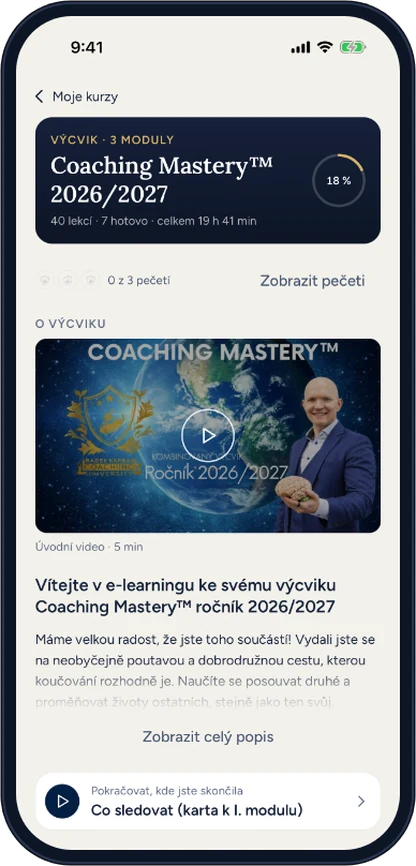 Přehled výcviku Coaching Mastery v aplikaci Coaching University na iPhonu