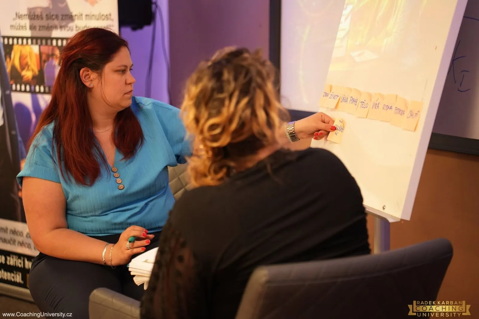 Práce u flipchartu na výcviku Coaching University