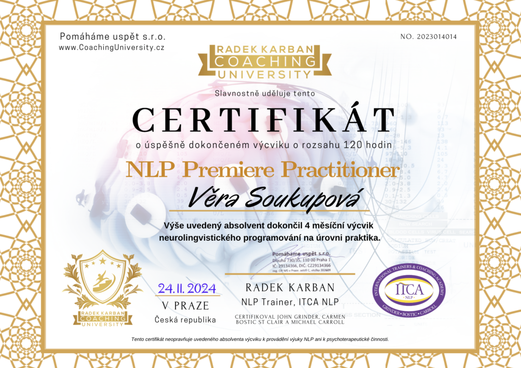 NLP Premiere Practitioner – Věra Soukupová