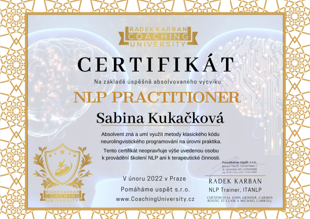NLP Premiere Practitioner – Sabina Kukačková