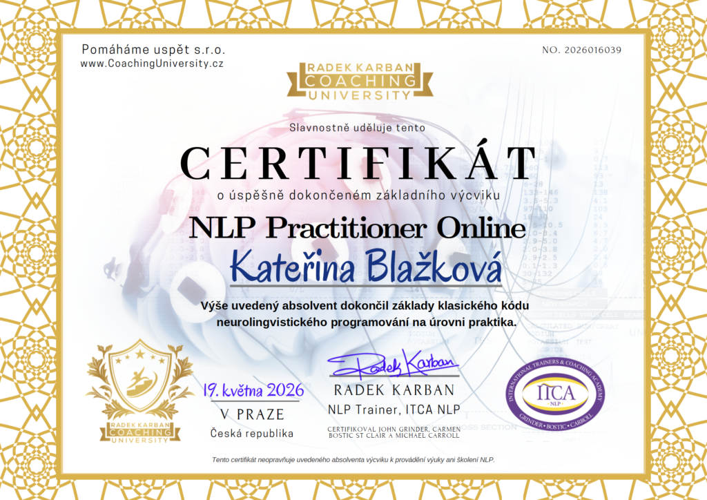 NLP Premiere Practitioner – MgA. Kateřina Blažková