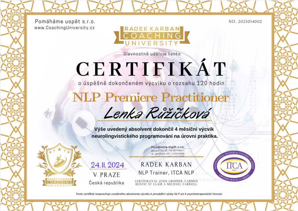 NLP Premiere Practitioner – Lenka Růžičková