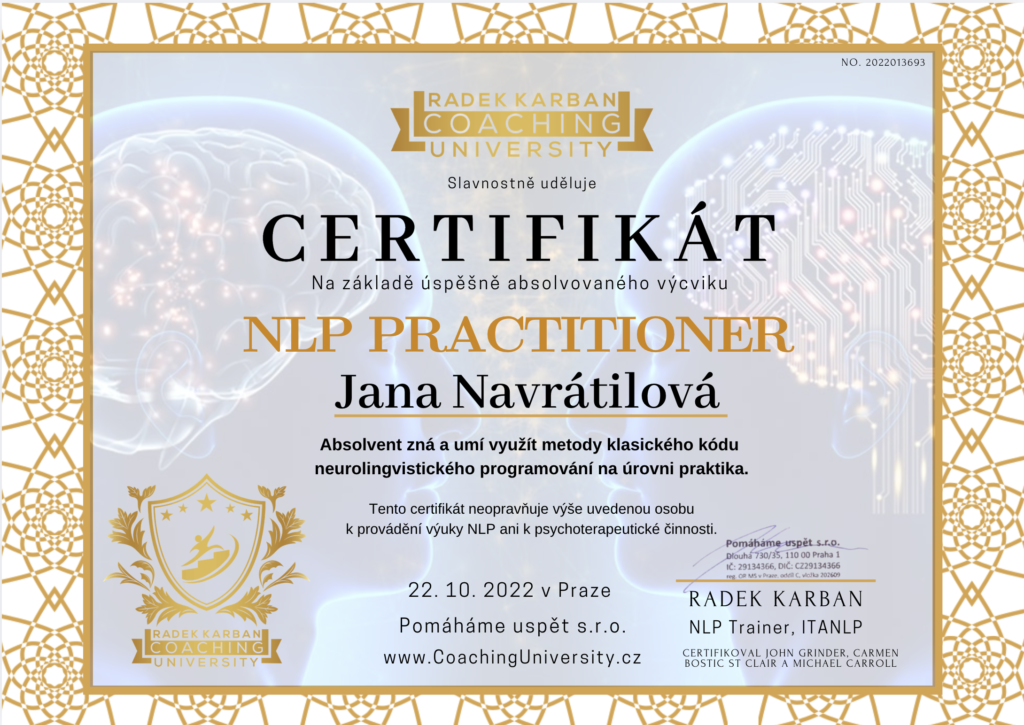 NLP Premiere Practitioner – Jana Navrátilová