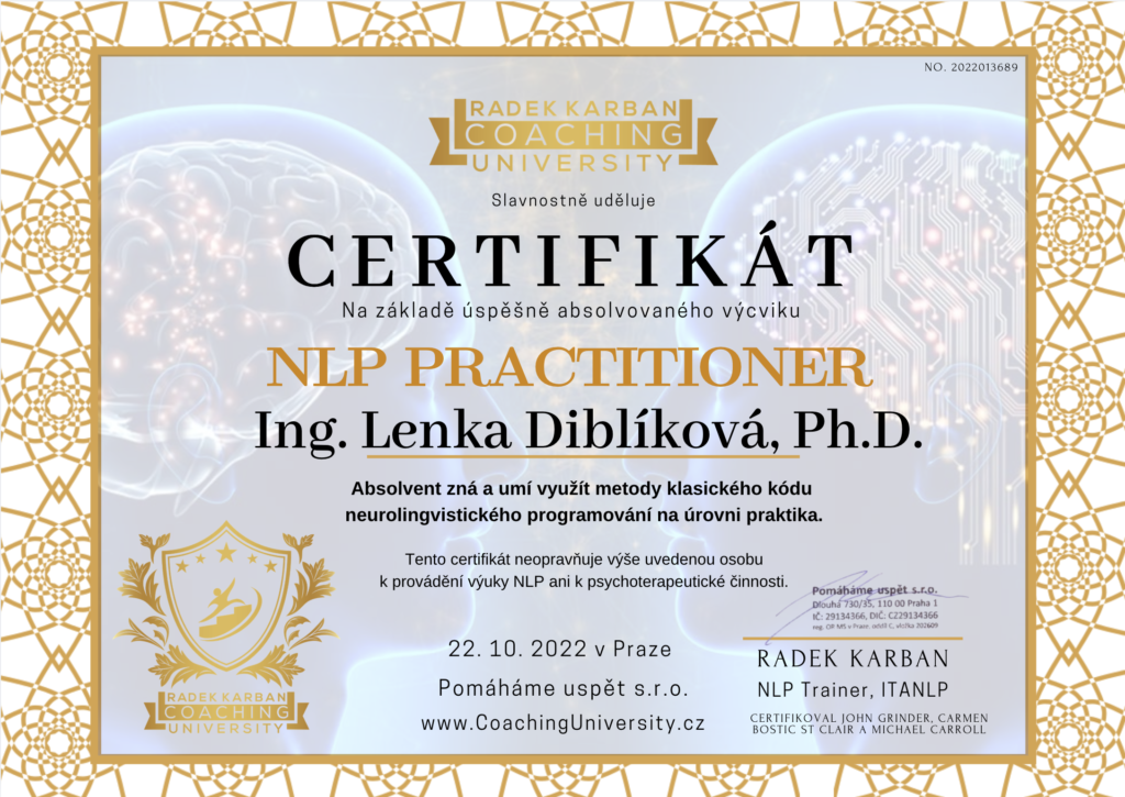 NLP Premiere Practitioner – Lenka Diblíková